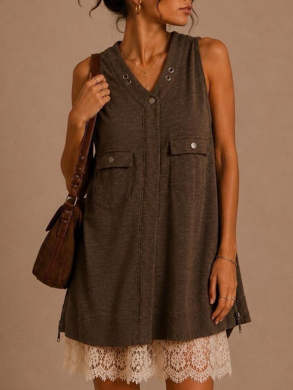 Free People Sleeveless Tunic Dress XS Brown Boho Lagenlook Pocket Knit - Picture 5 of 5